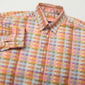 Burberry London Shirt Mens Large Multicolor Check Button Front Made USA Cotton